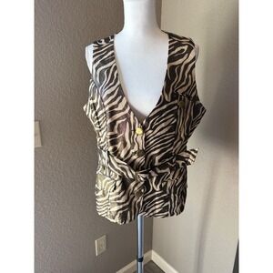 Robert Louis Womens Gold Metallic Zebra Print Belted Safari Vest Button Front